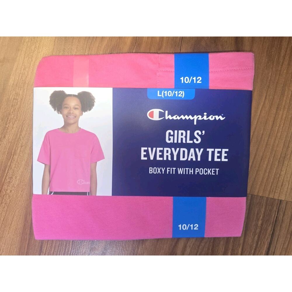 Champion Girls Everyday Tee Pin T-Shirt Boxy Fit With Pocket Girls Large 10/12